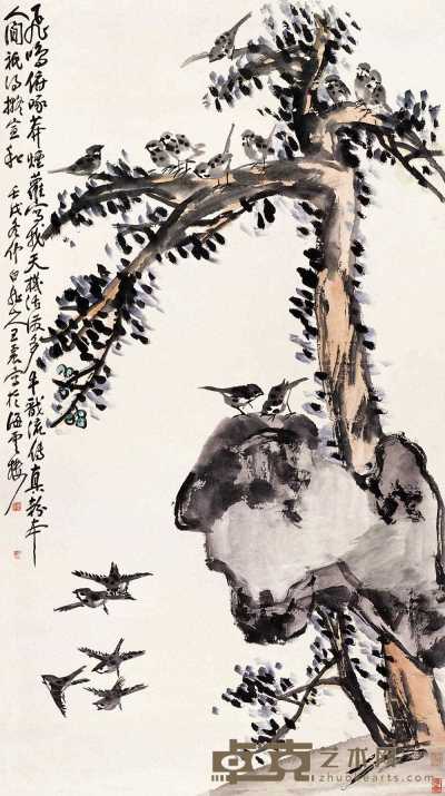 王震 壬戌（1922年）作 雀戏图 轴 145×81cm